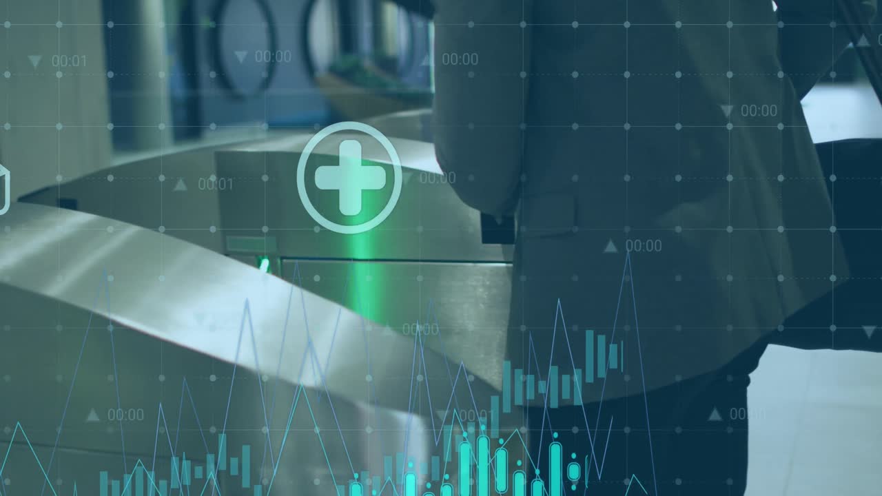 공항 게이트를 걸어가는 사업가에 대한 금융 데이터 처리의 애니메이션