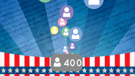 social media user icons and follower count animation over american flag background