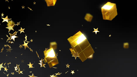 animation of stars over christmas presents on black background