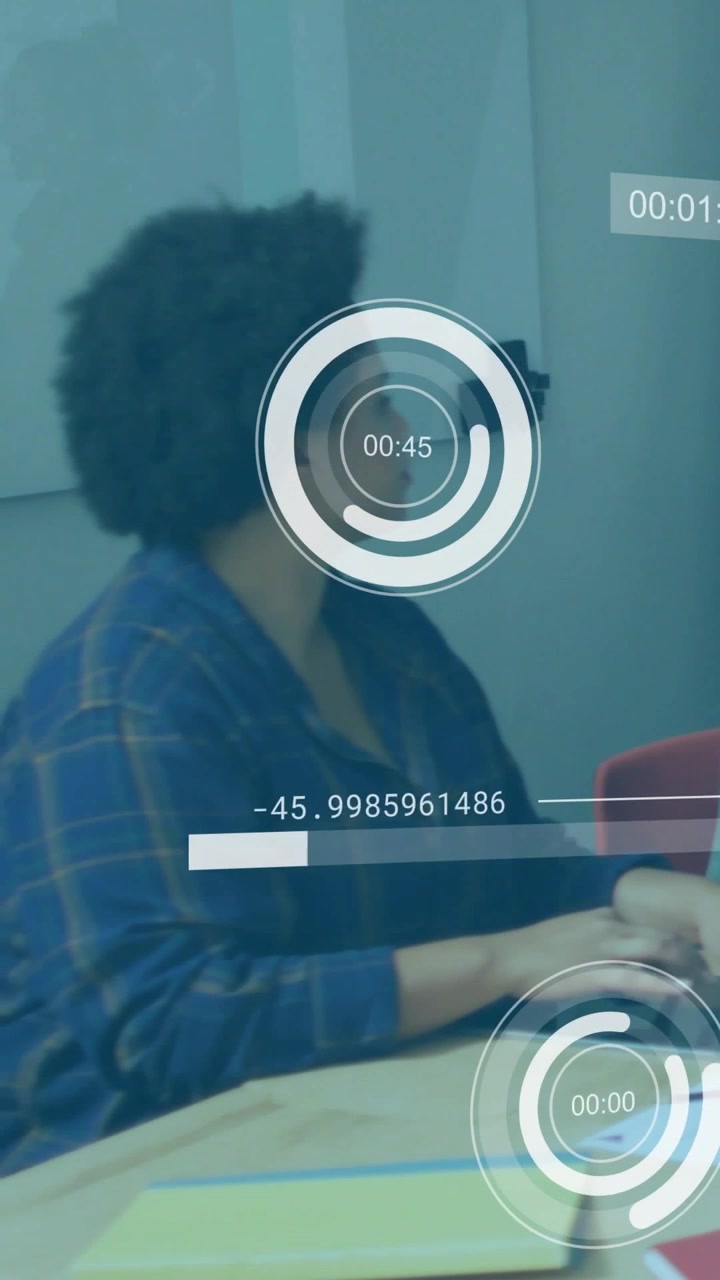 Adult woman turning head in business meeting while HUD timers updating, monitoring progress bar