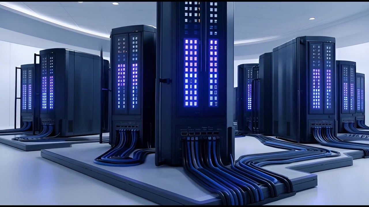 Modern Data Center with Glowing Server Racks and Cables