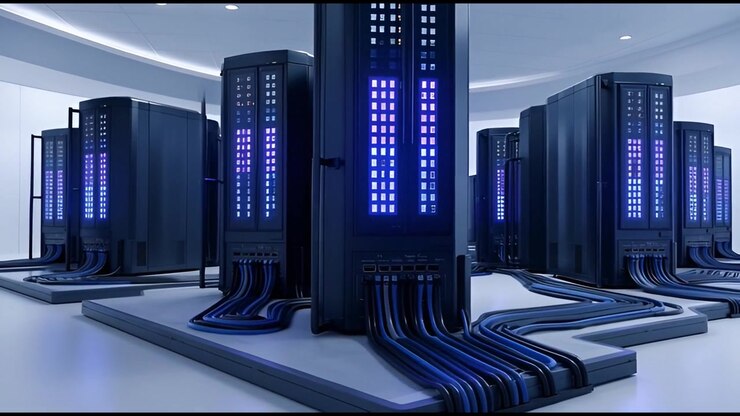 Modern Data Center with Glowing Server Racks and Cables