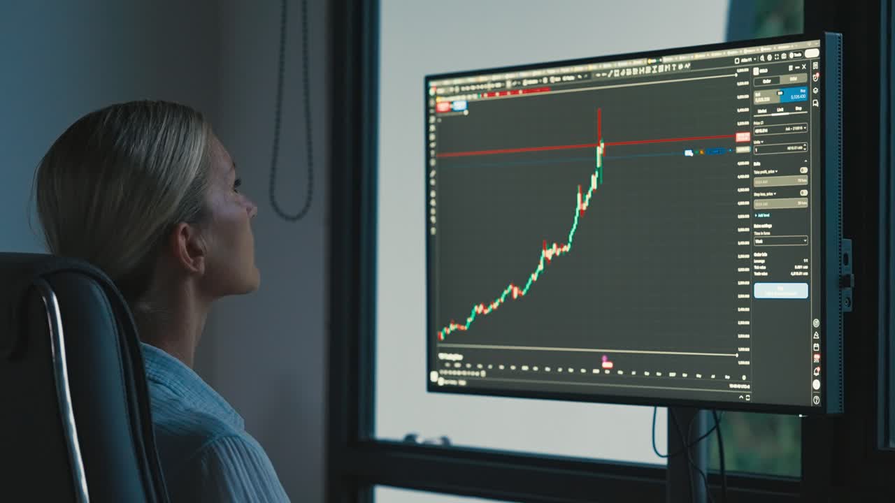 Pretty focused woman sits behind a large monitor analyzing a Bitcoin trading graph in a dark room, illuminated by screen glow, capturing intense concentration and fintech atmosphere