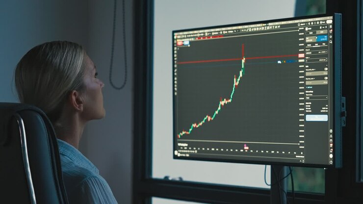 Pretty focused woman sits behind a large monitor analyzing a Bitcoin trading graph in a dark room, illuminated by screen glow, capturing intense concentration and fintech atmosphere