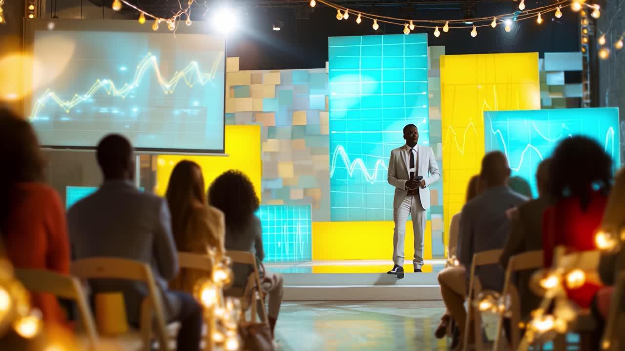 Professional Speaker Captivates Audience on Stage with Data Visualizations, Showcasing Insights and Innovations in a Dynamic Presentation Atmosphere with Engaging Lighting and Modern Displays