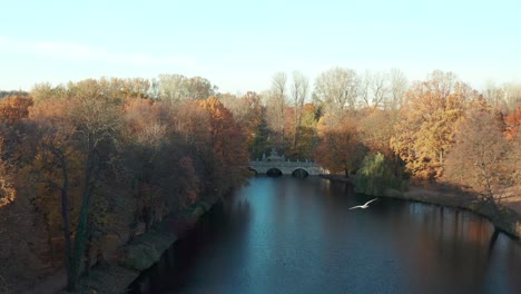 Air-view-of-John-III-Sobieski-Monument-at-Łazienki-Park-lake-bridge,-Poland