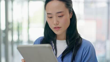 Tablet, research and thinking with an asian woman
