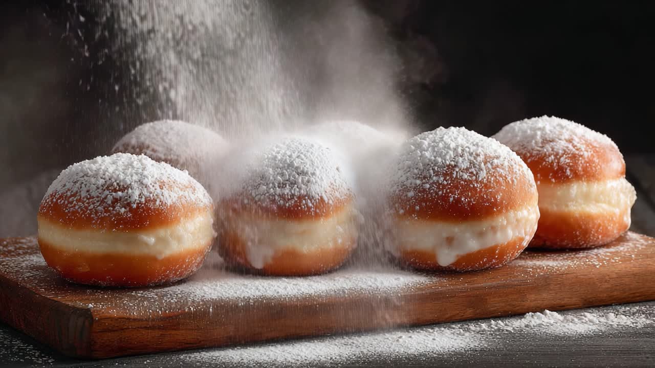 Ciambelle deliziosamente dolci: una vista ravvicinata di soffici dolci cosparsi di zucchero a velo su un tagliere di legno rustico.