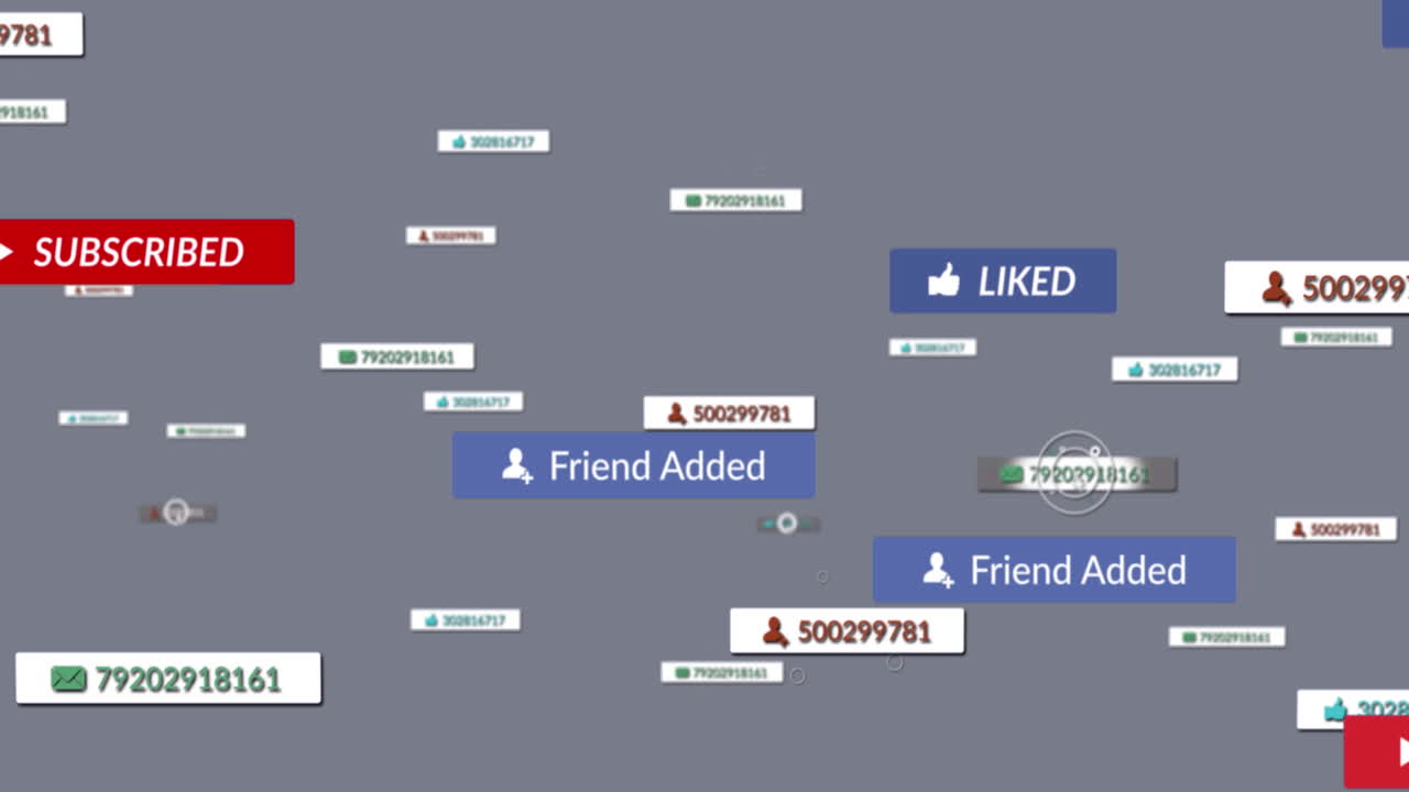 회색 배경 위에 떨어지는 소셜 미디어 아이콘의 애니메이션