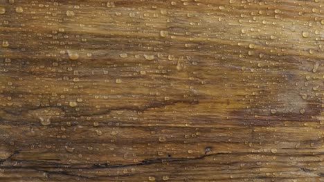 drops of rain fall on an old wooden board and flow down streams down. close-up.