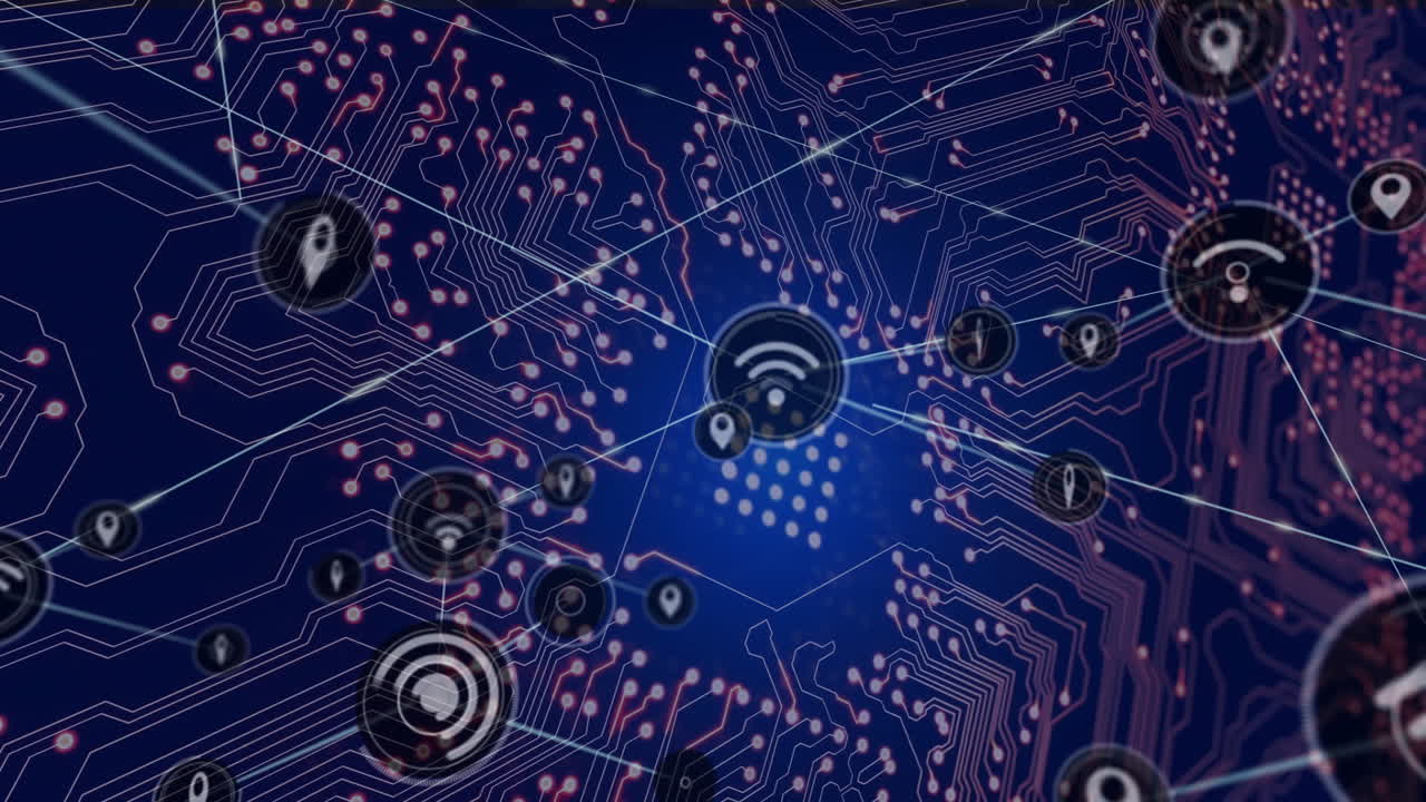 Wi-Fi signal icons and circuit board lines, network connectivity animation