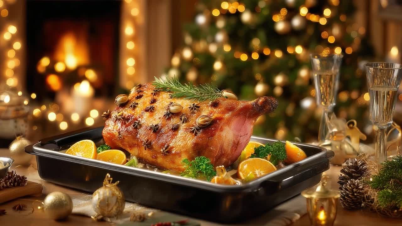 A Festive Table Display Featuring a Juicy Roast Ham Surrounded by Oranges and Garnished with Herbs, Perfect for Celebrating the Holiday Season