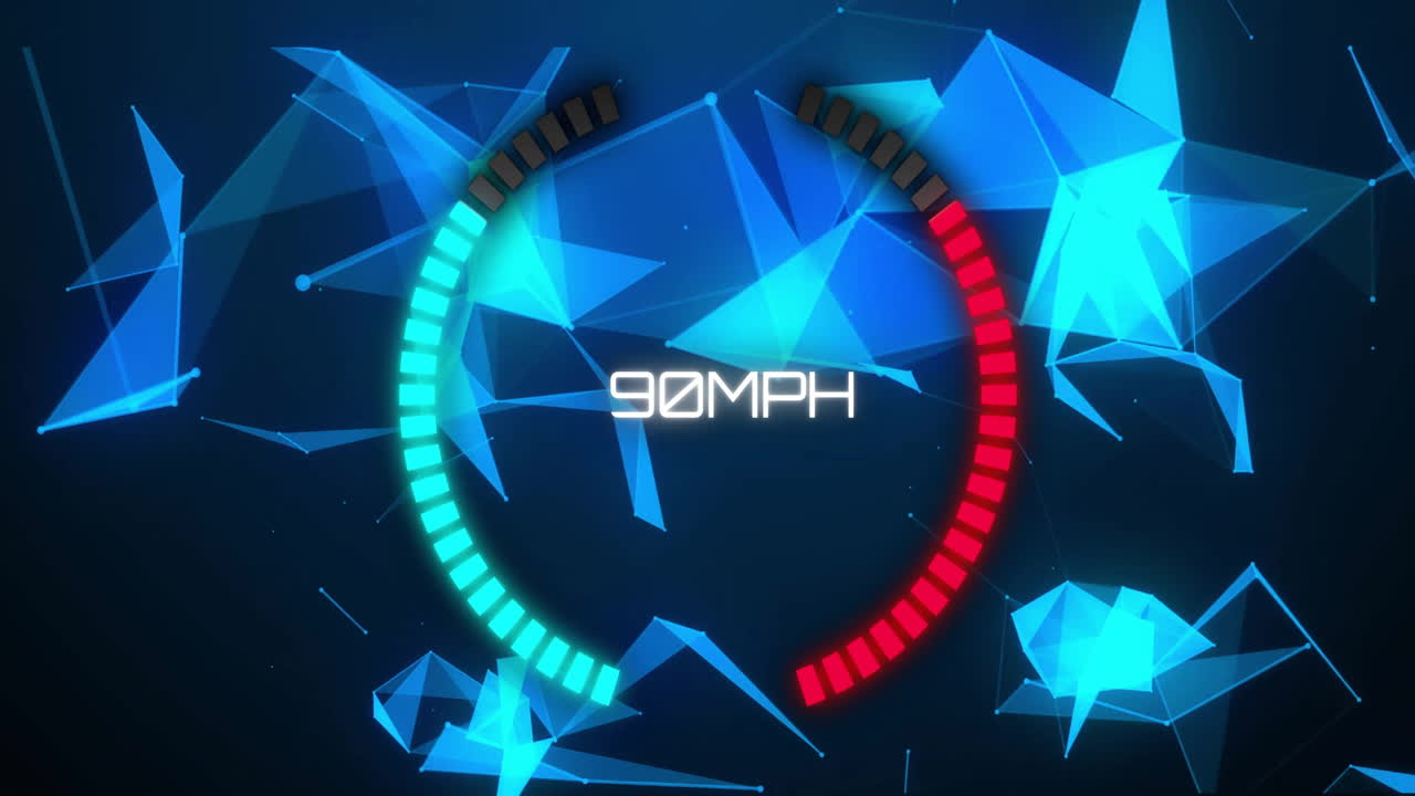 Speedometer animation showing 90 MPH over blue geometric shapes