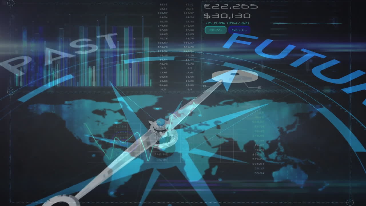 검은색 배경의 세계 지도와 함께 데이터 처리를 통해 텍스트와 함께 나침반의 애니메이션