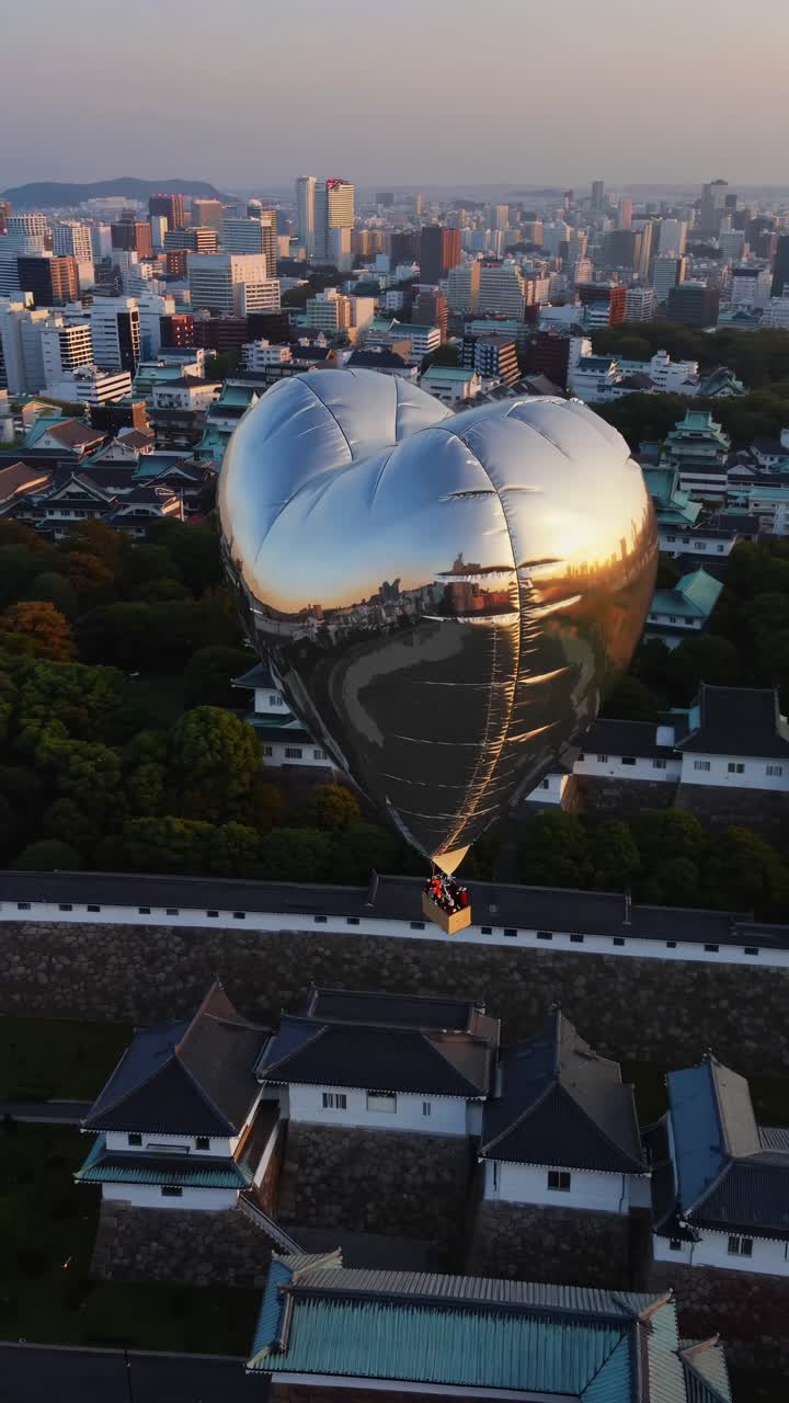 Aerial video captures a heart-shaped balloon floating over a cityscape at sunset