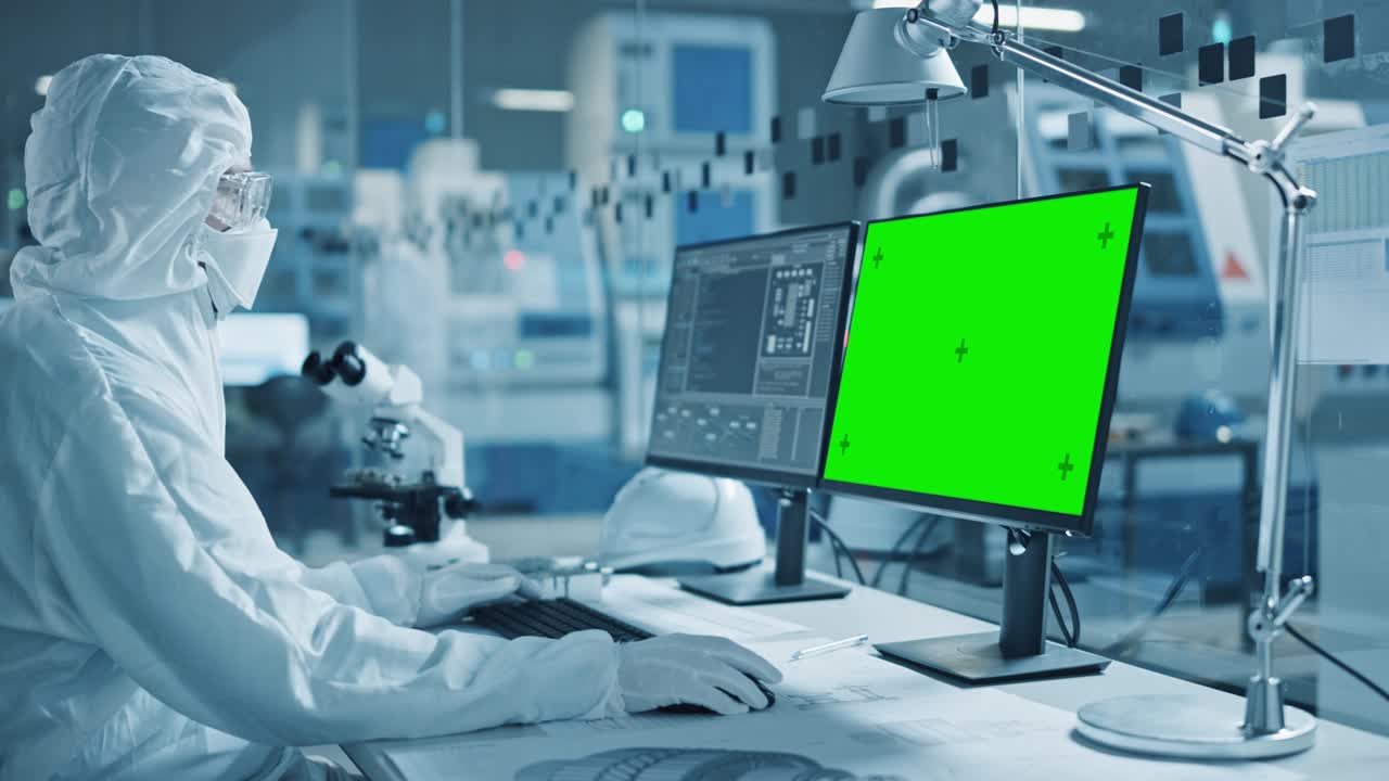 연구 공장 청소실: 엔지니어 과학자가 커버알과 장갑을 입고 현미경을 사용하고, 컴퓨터는 크로마 키 녹색 화면 디스플레이를 보여줍니다. 과학 및 전자 연구 시설.