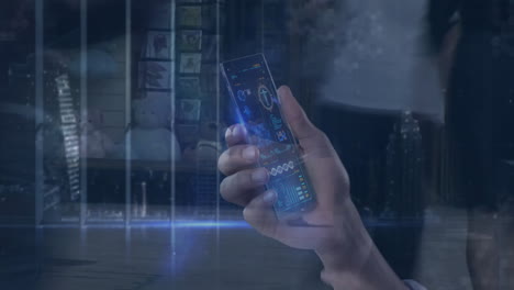 Holding smartphone with animation overlay, person using device in urban area