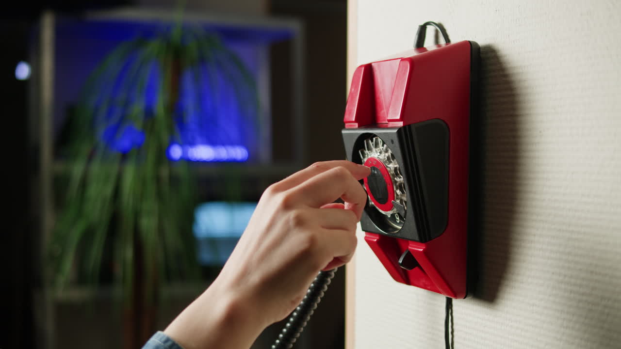 Person dialing a vintage wall-mounted rotary phone