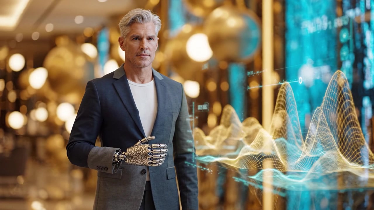 Futuristisk mand med robotarm står midt i en glimtende visualisering i et teknologifyldt miljø, der fremhæver innovationer og menneske-robot-interaktion.