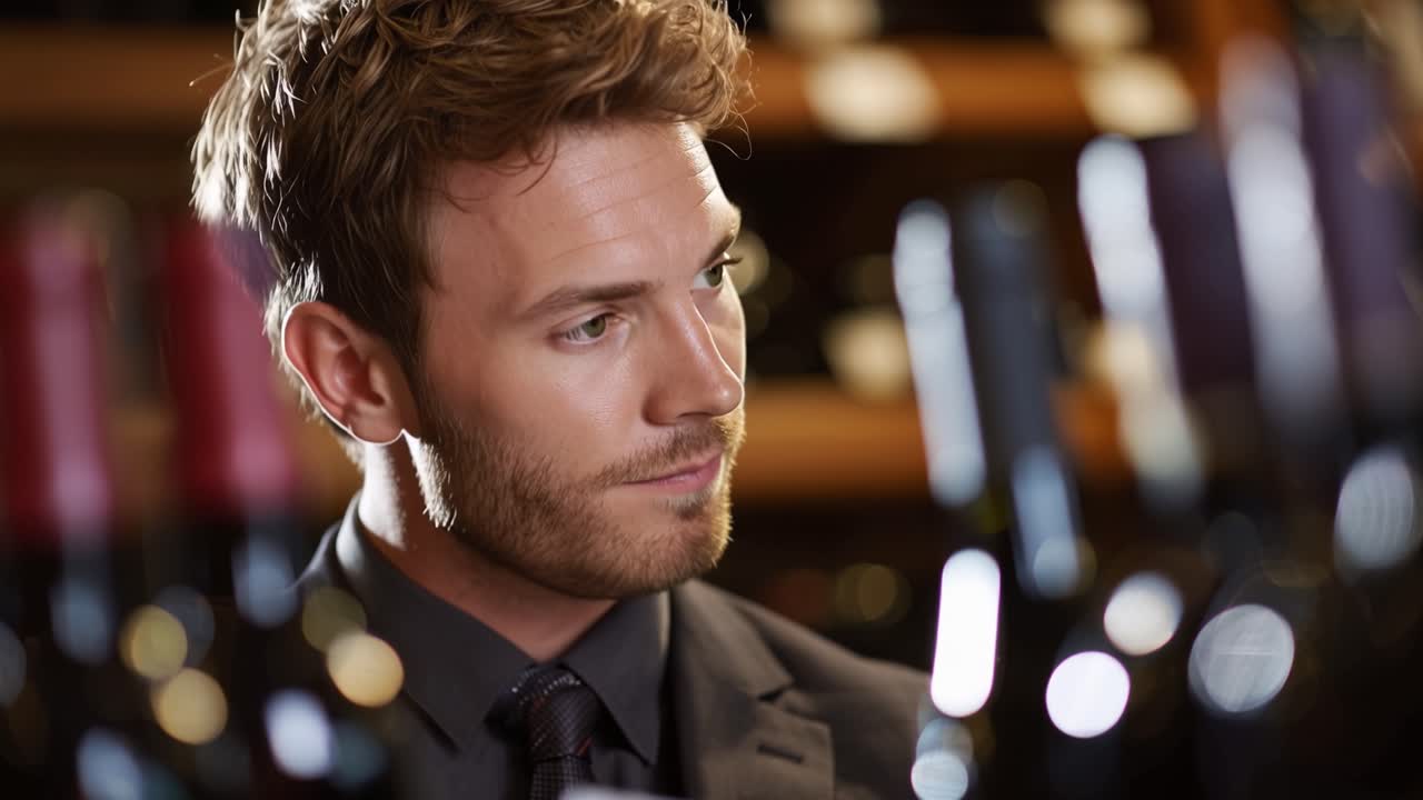 Man examines wine list with quiet focus. Warm lighting highlights his thoughtful expression. Background blur suggests a sophisticated bar setting. He's likely choosing a drink, considering options