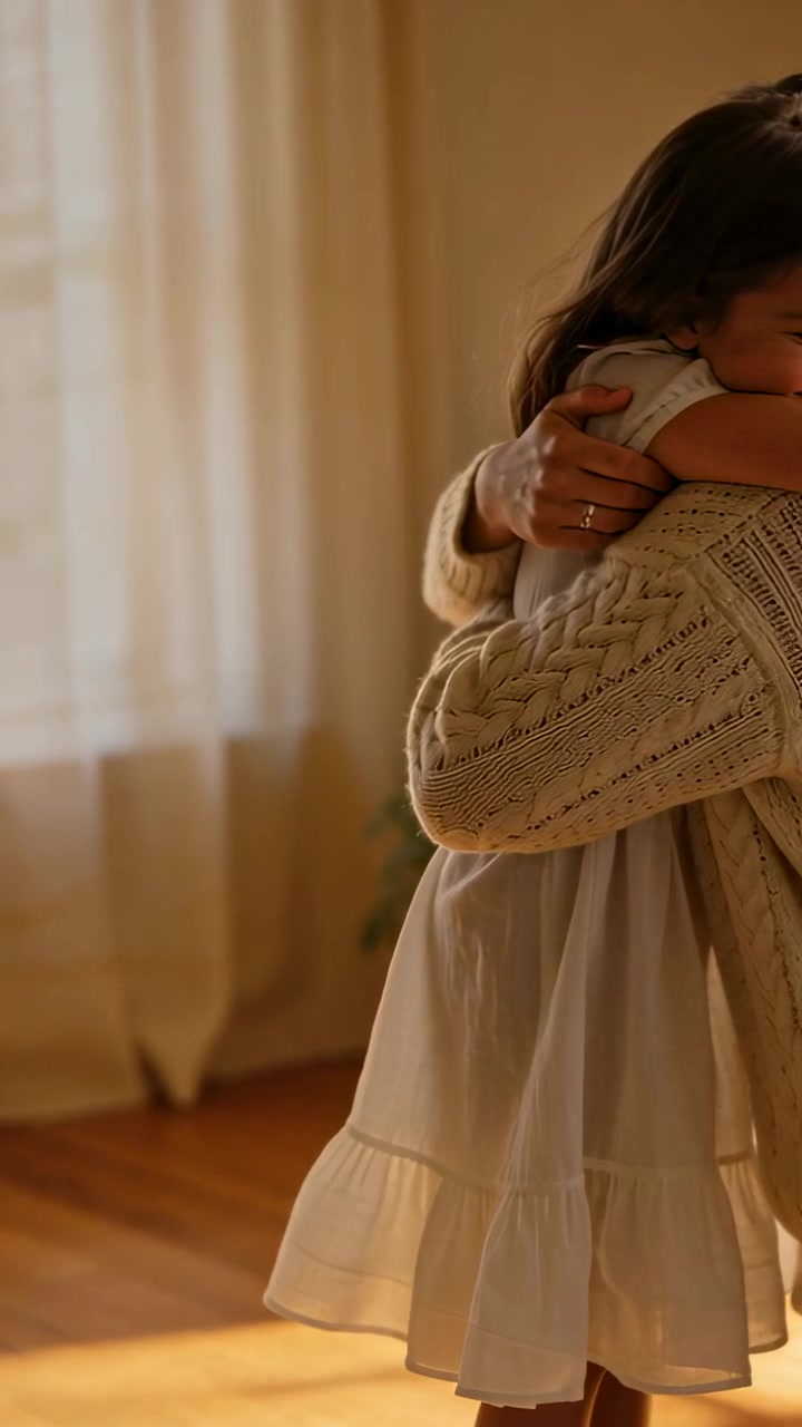 Video vertical: Padre extendiendo la mano animando a un niño sonriente a subir y abrazar cálidamente en casa, con un vestido.