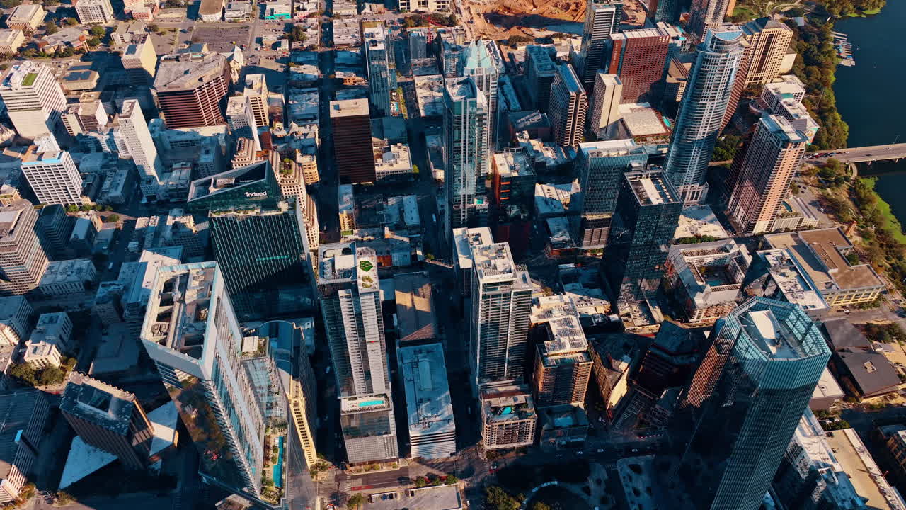Austin, USA, 21 November 2025: Downtown Austin skyscrapers and streets. Straight down perspective of dense urban grid with office towers and city blocks in Texas