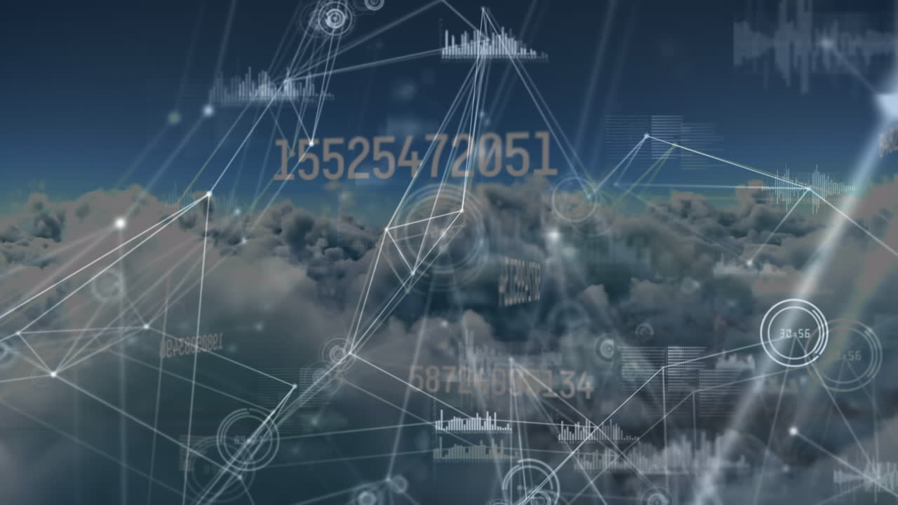 animación de la red de conexiones y procesamiento de datos en cielo nublado