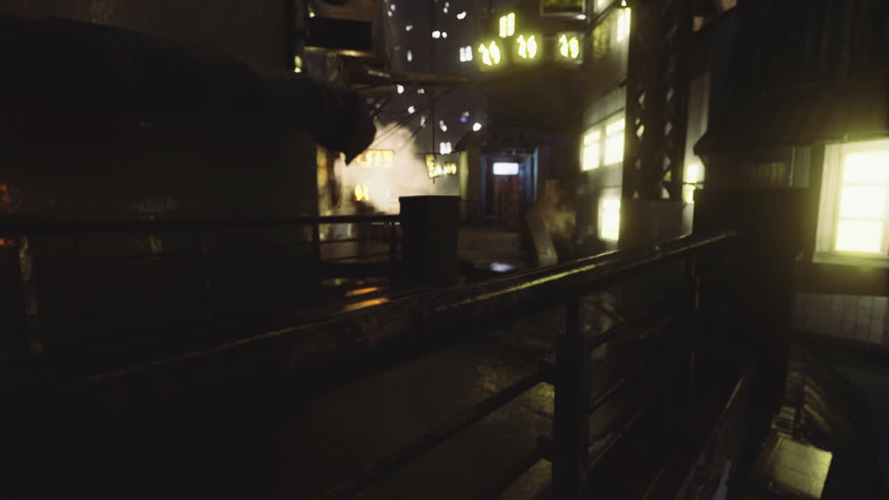 Nighttime urban alley with neon lights and rain reflections in a city