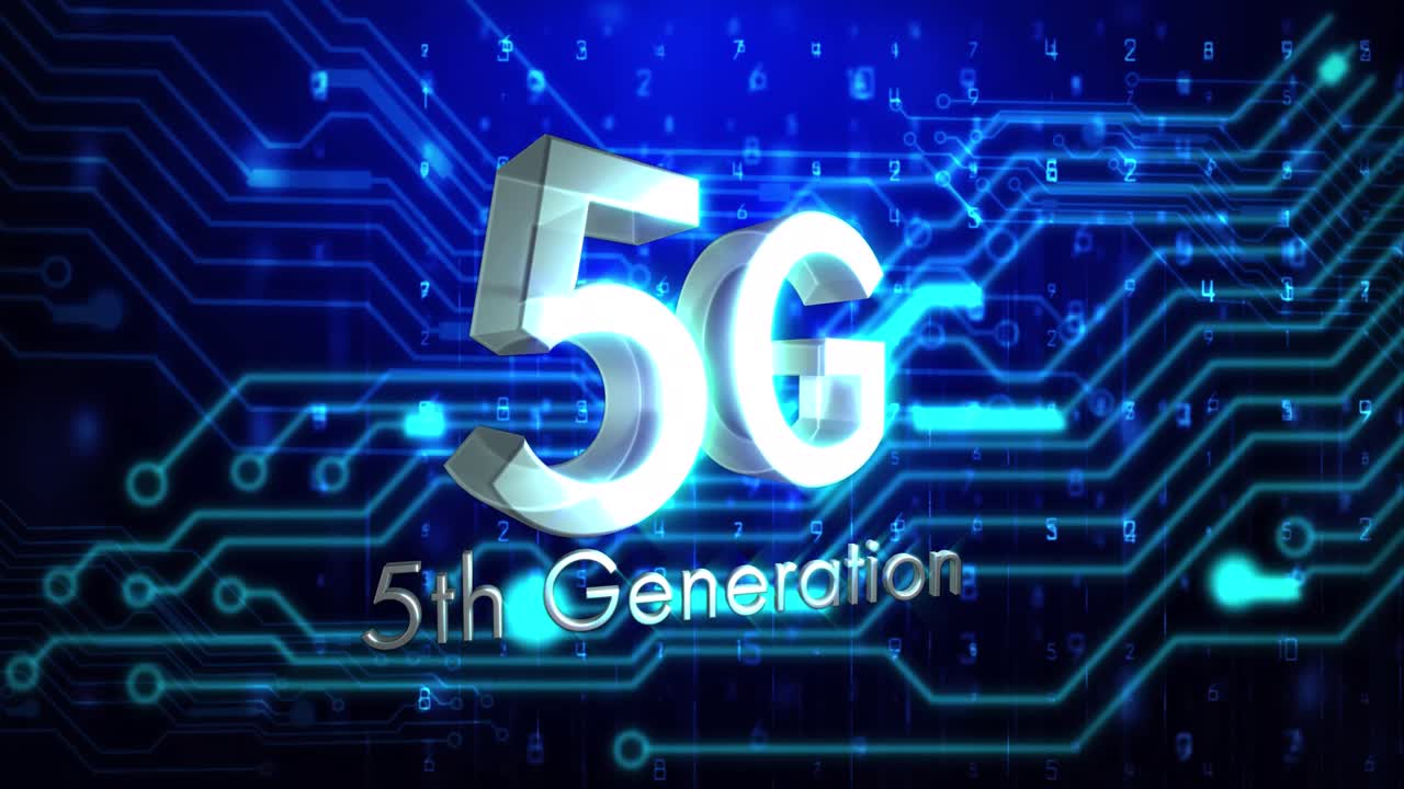 빛나는 컴퓨터 회로판 요소 위에 5g 5세대 텍스트의 애니메이션