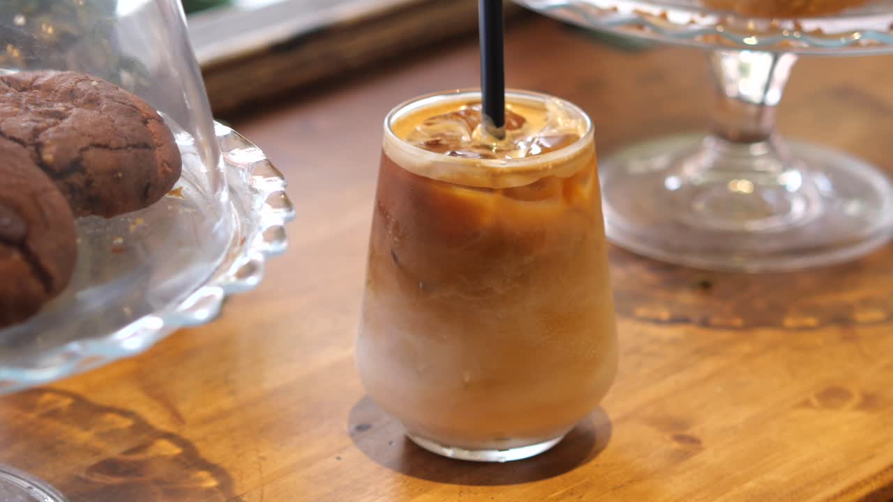 Iced latte on a wooden table