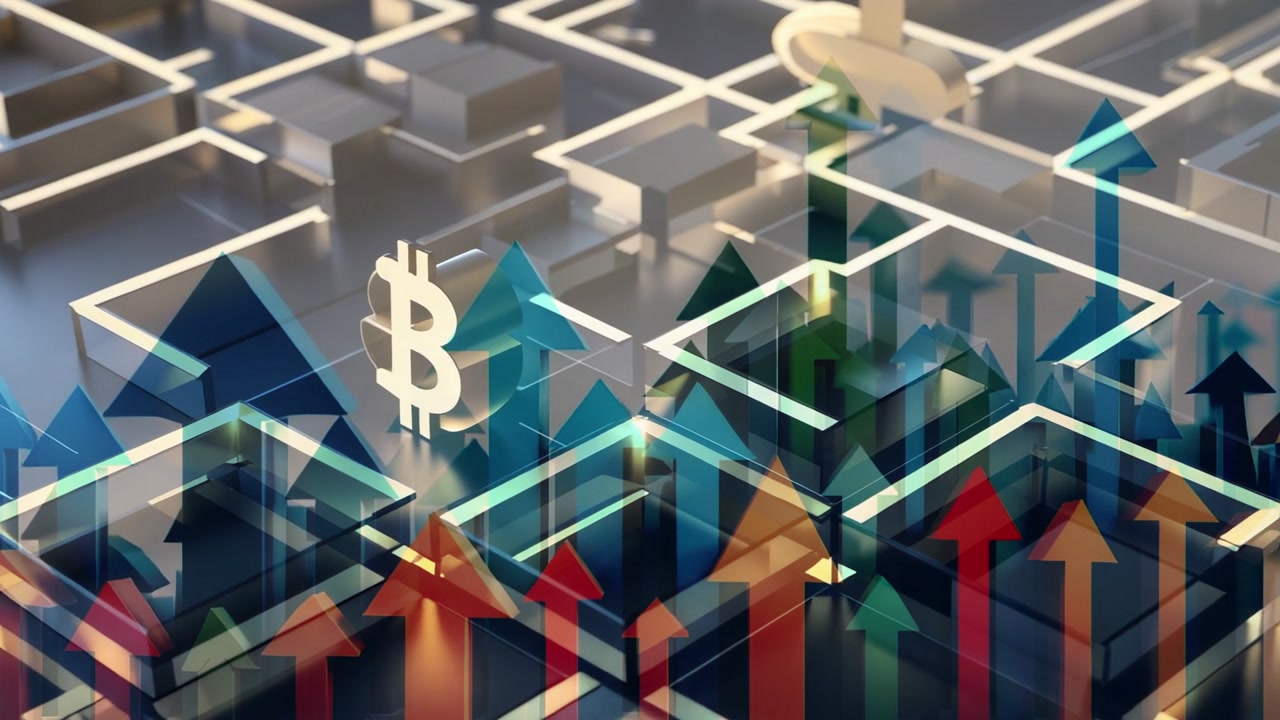 Starting grid firing colored arrows ascending past rotating Bitcoin symbol, showing network growth
