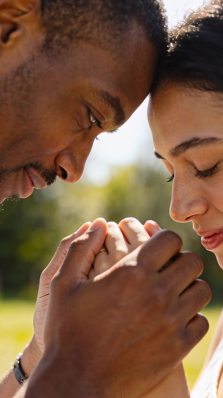 Vertical video: Holding hands, couple touching foreheads in sunlit park, sharing affection, watch