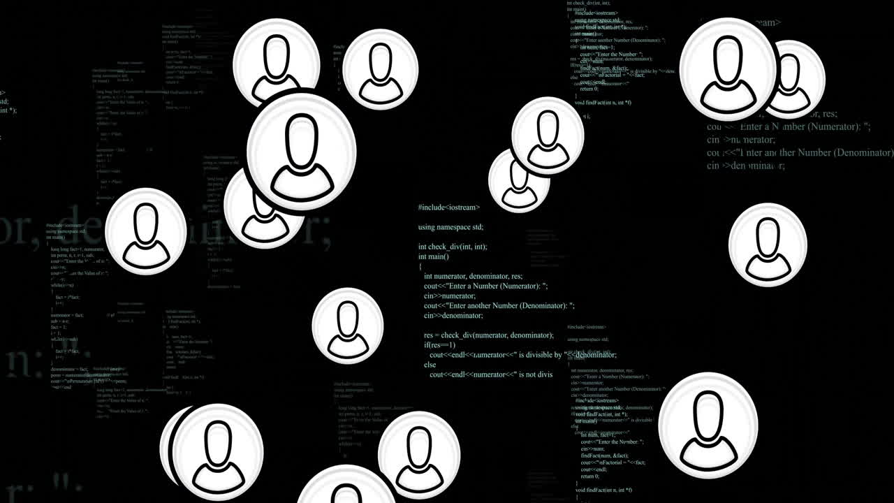 Animation of digital data processing over people icons on black background