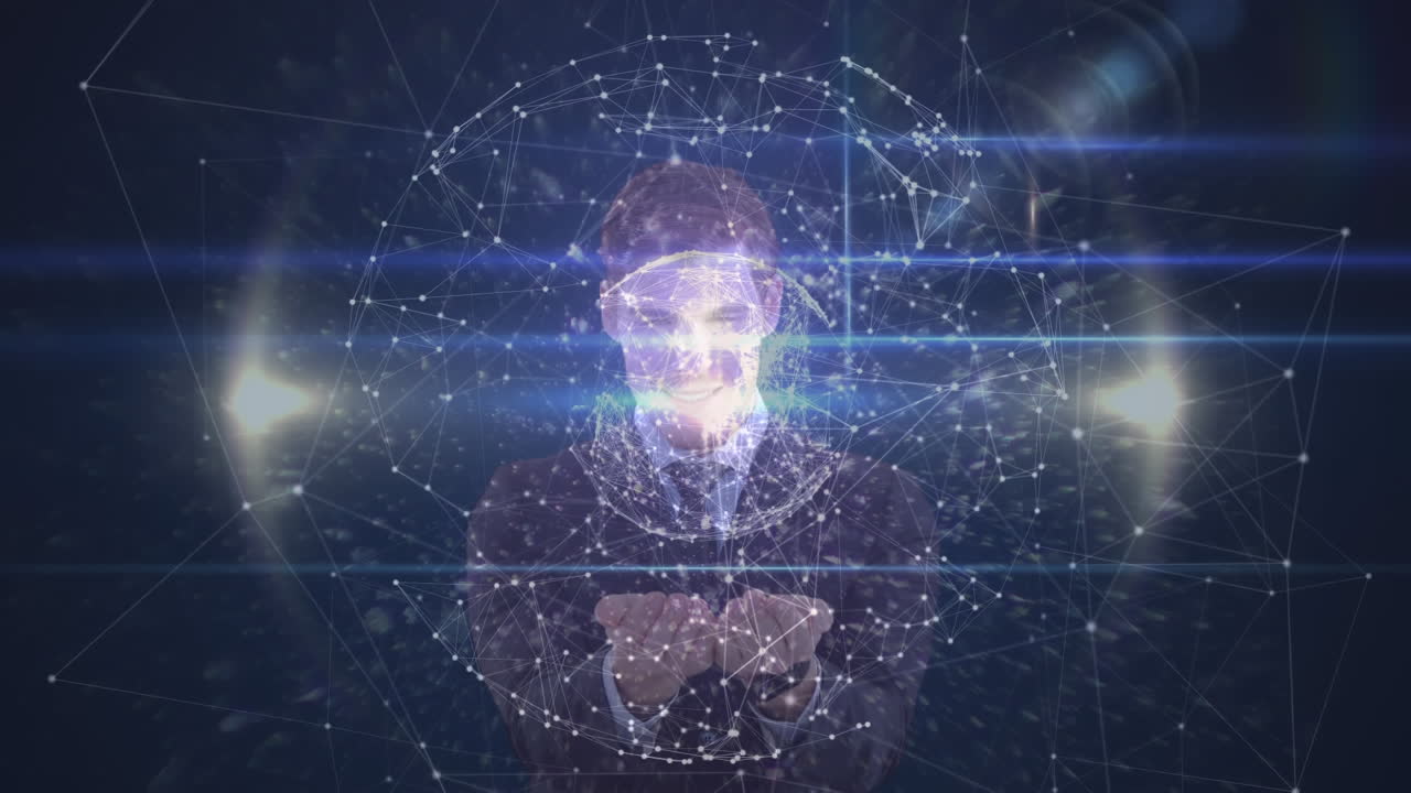 Animation of Caucasian man presenting 3D globe model with network connections on black background