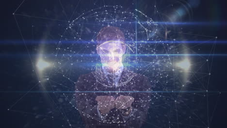 animation of caucasian man presenting 3d globe model with network connections on black background