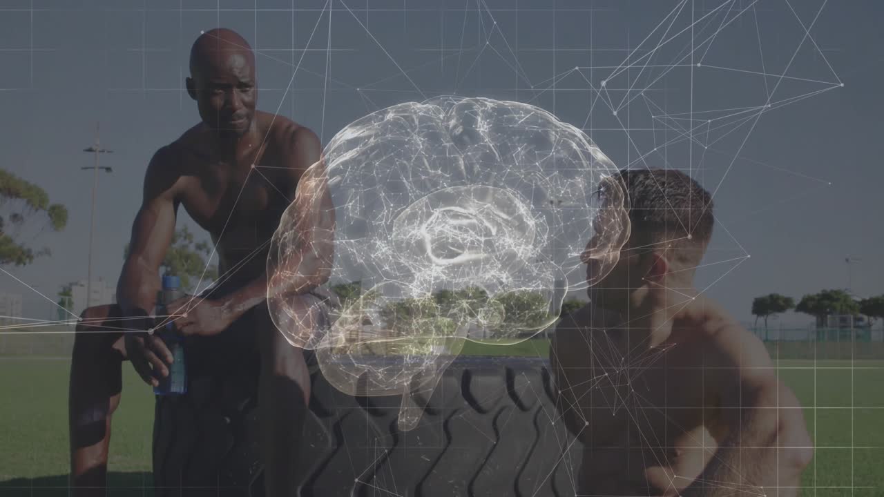Fitness partners ending tire workout, drinking blue water and showing translucent 3D brain overlay