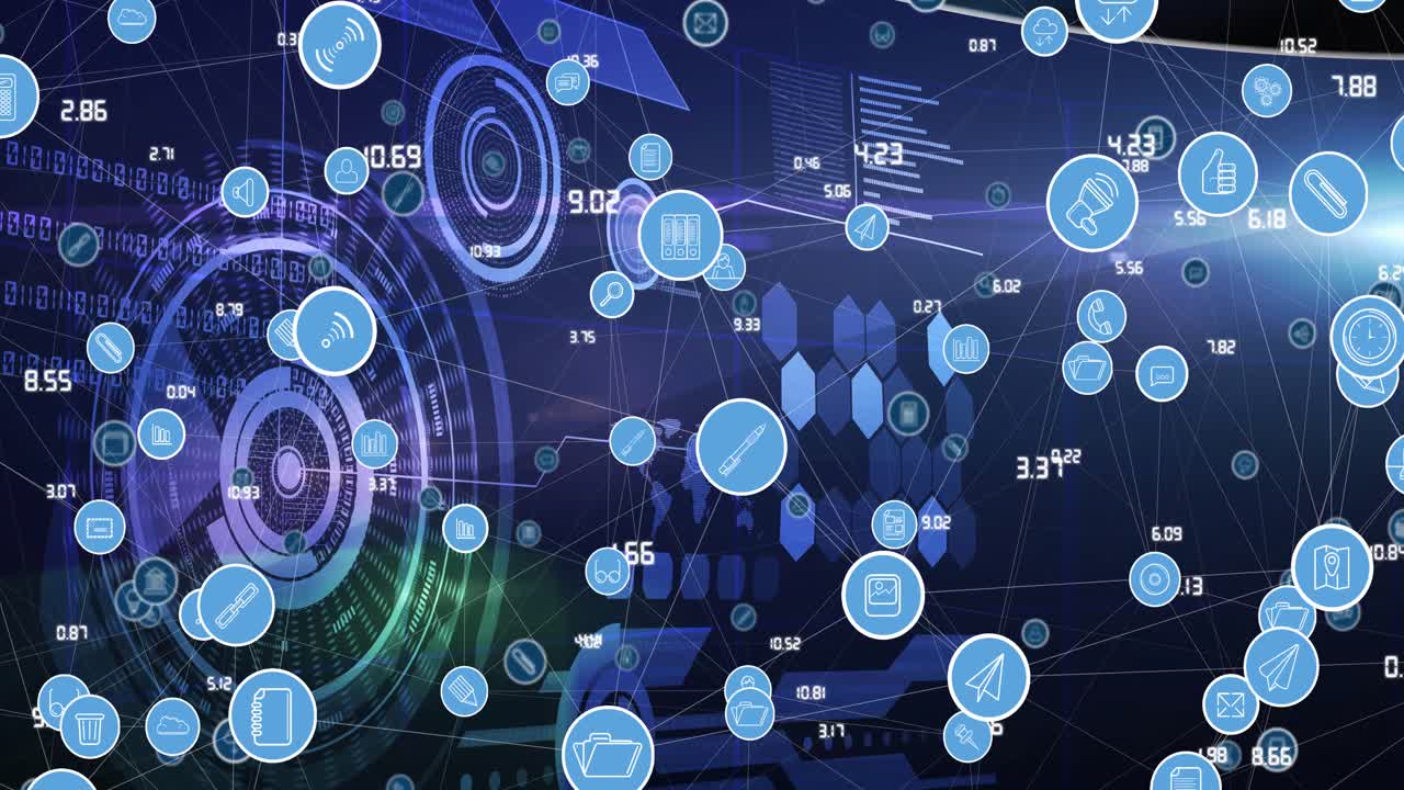 Animation of network of connections with digital icons over data processing in background