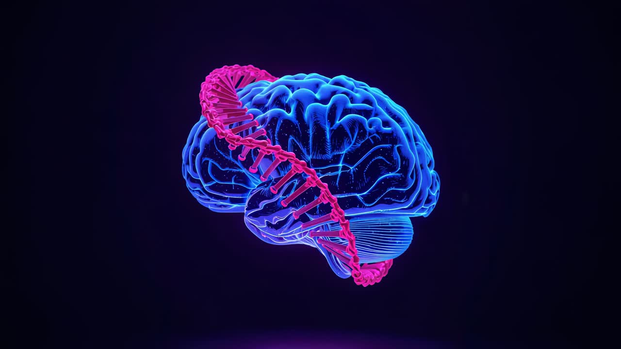Appearing magenta DNA helix wrapping blue brain over gradient, sparks shimmering suggesting link
