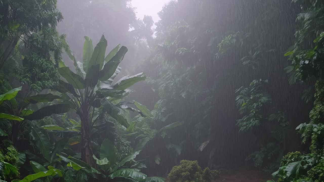 Lush rainforest captured from a low angle, showcasing dense foliage and heavy rain