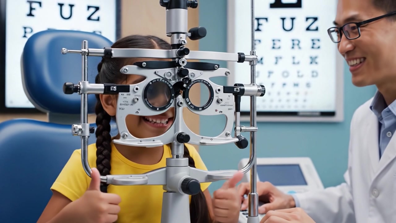 A young girl undergoes an eye examination with a professional optometrist, engaged in a vision test using advanced optical equipment for better visual clarity.