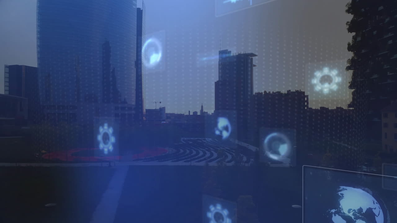 Rendering 3D dello skyline di una città che mostra icone di ingranaggi fluttuanti, mappe del globo e forme d'onda sopra una piazza circolare.
