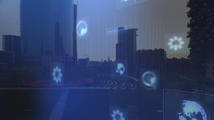 Rendering 3D dello skyline di una città che mostra icone di ingranaggi fluttuanti, mappe del globo e forme d'onda sopra una piazza circolare.