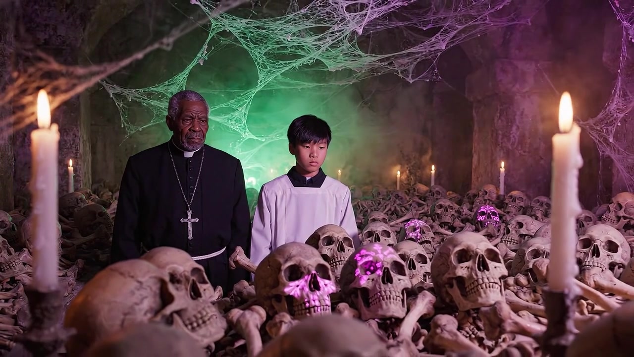 Un incontro teso tra un prete e un giovane ragazzo in una catacomba inquietante, piena di teschi luminosi, ragnatele e una luce sinistra che crea un'atmosfera perturbante.