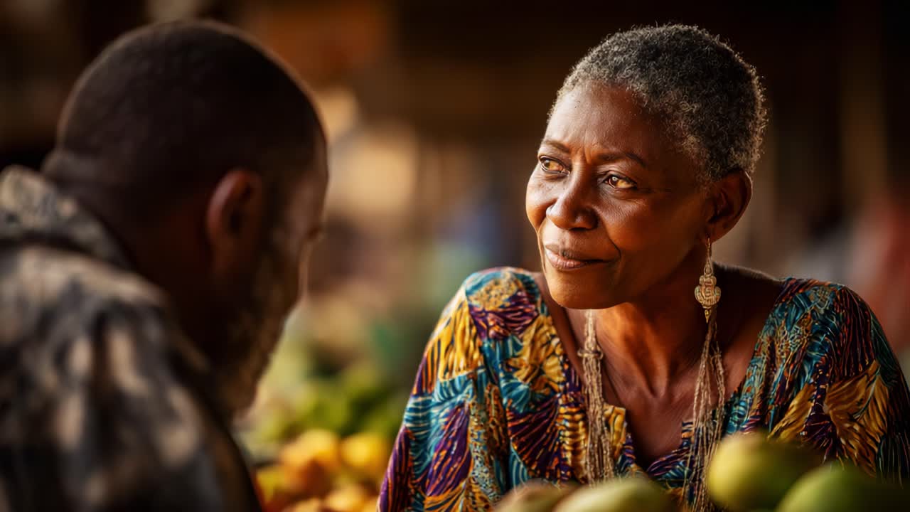 A heartfelt conversation unfolds at the vibrant marketplace, showcasing the deep connections and interactions between individuals amidst a colorful array of fruits and vegetables