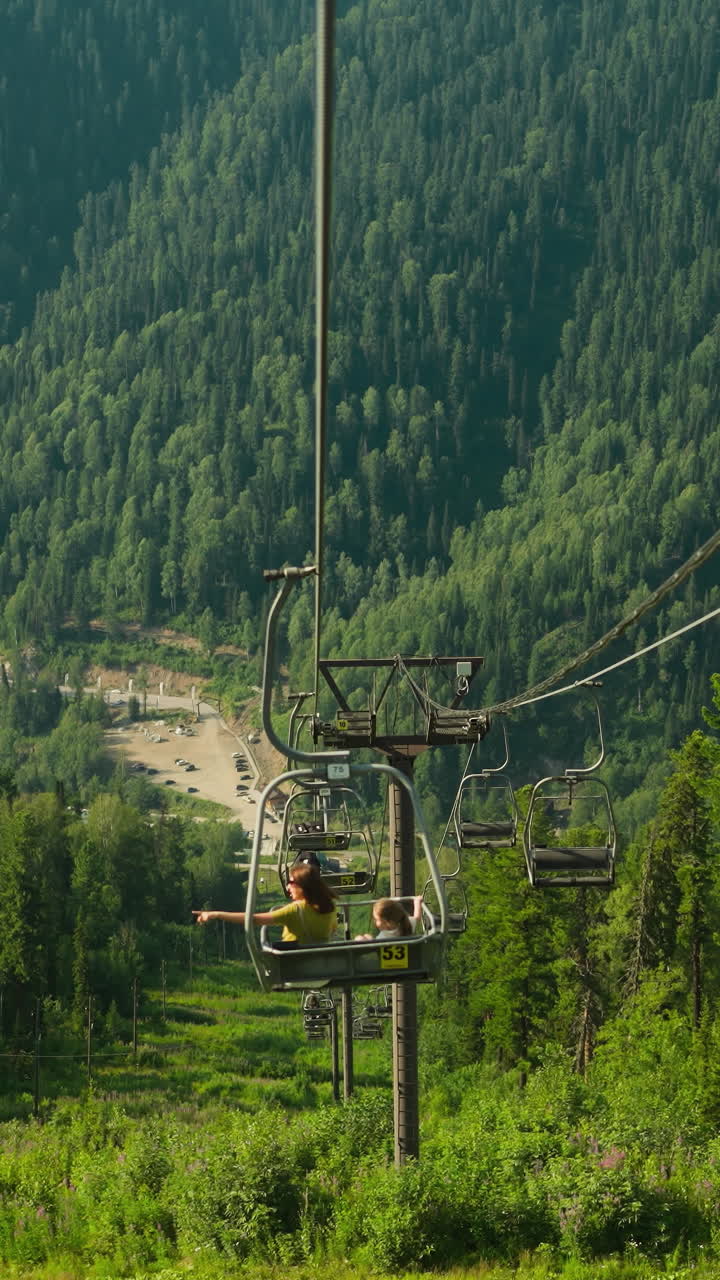 Viaggiatori in funivia che si godono una vasta area forestale. Discesa con vista mozzafiato su conifere e montagne. Vacanza estiva nella natura incontaminata.