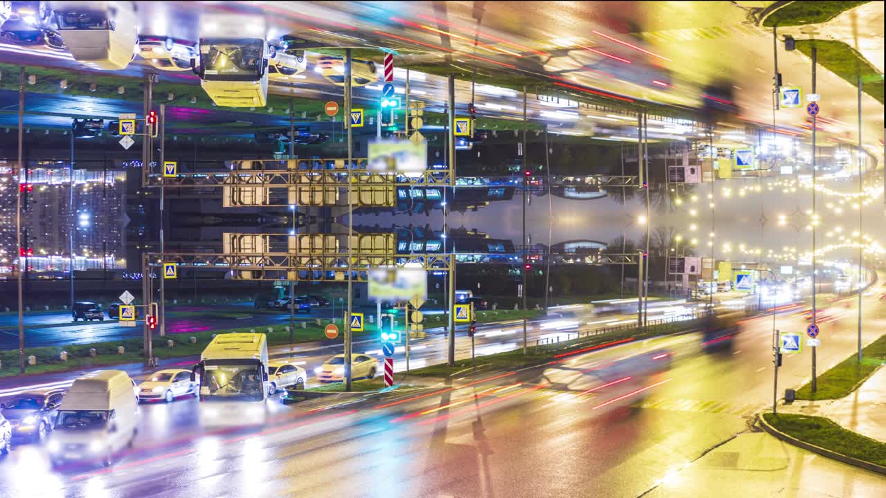 미래의 교통 타임스 4k 트래픽 플립 모션 교차로 자동차 밤
