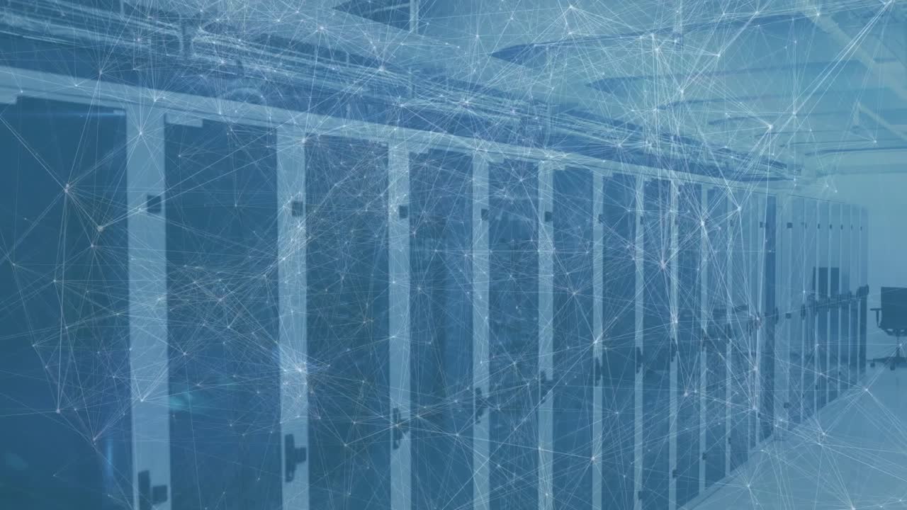 server cabinets displaying black server racks alongside network node overlay in 3D render