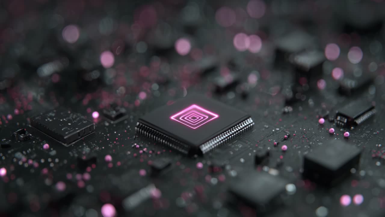 Close-Up of a Futuristic Microchip on a Circuit Board, Featuring Intricate Design and Glowing Details with a Sleek and Modern Aesthetic for Technology Enthusiasts