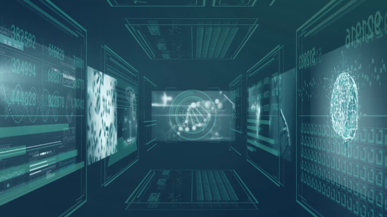 Animation of data processing on screens over dark background