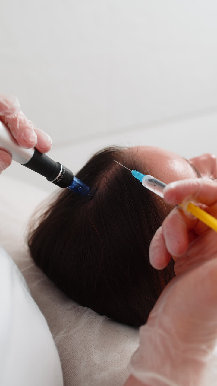 tricólogo haciendo procedimiento de regeneración del cabello de la mujer dermapen microneedling inyecciones de vitaminas